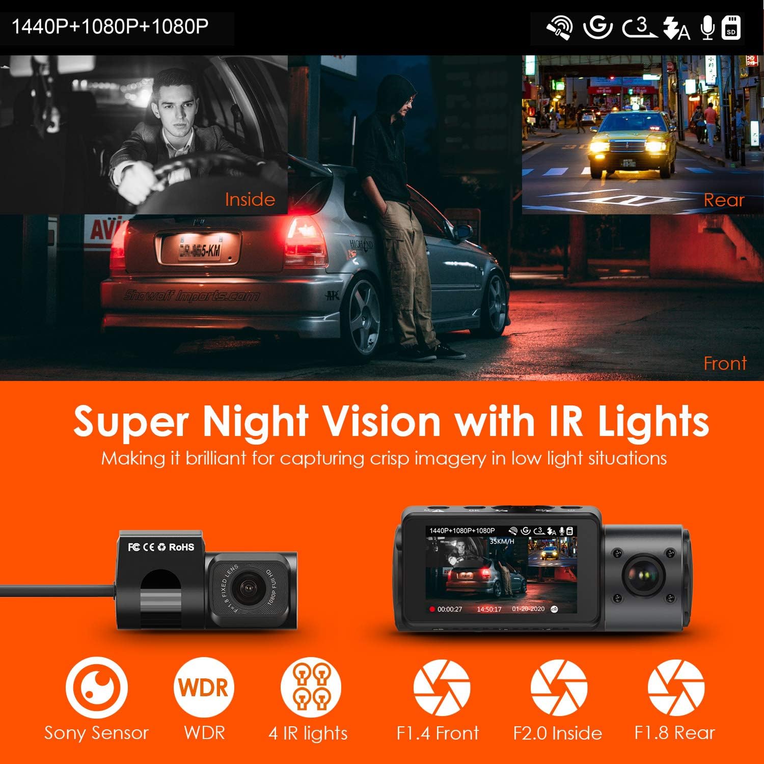 Vantrue N4 3 Channel 4K Dash Cam, 4K+1080P Front and Rear, 4K+1080P Front and Inside, 1440P+1080P+1080P Three Way Triple Car Camera, IR Night Vision, 24 Hour Parking Mode, Capacitor, Support 256GB Max