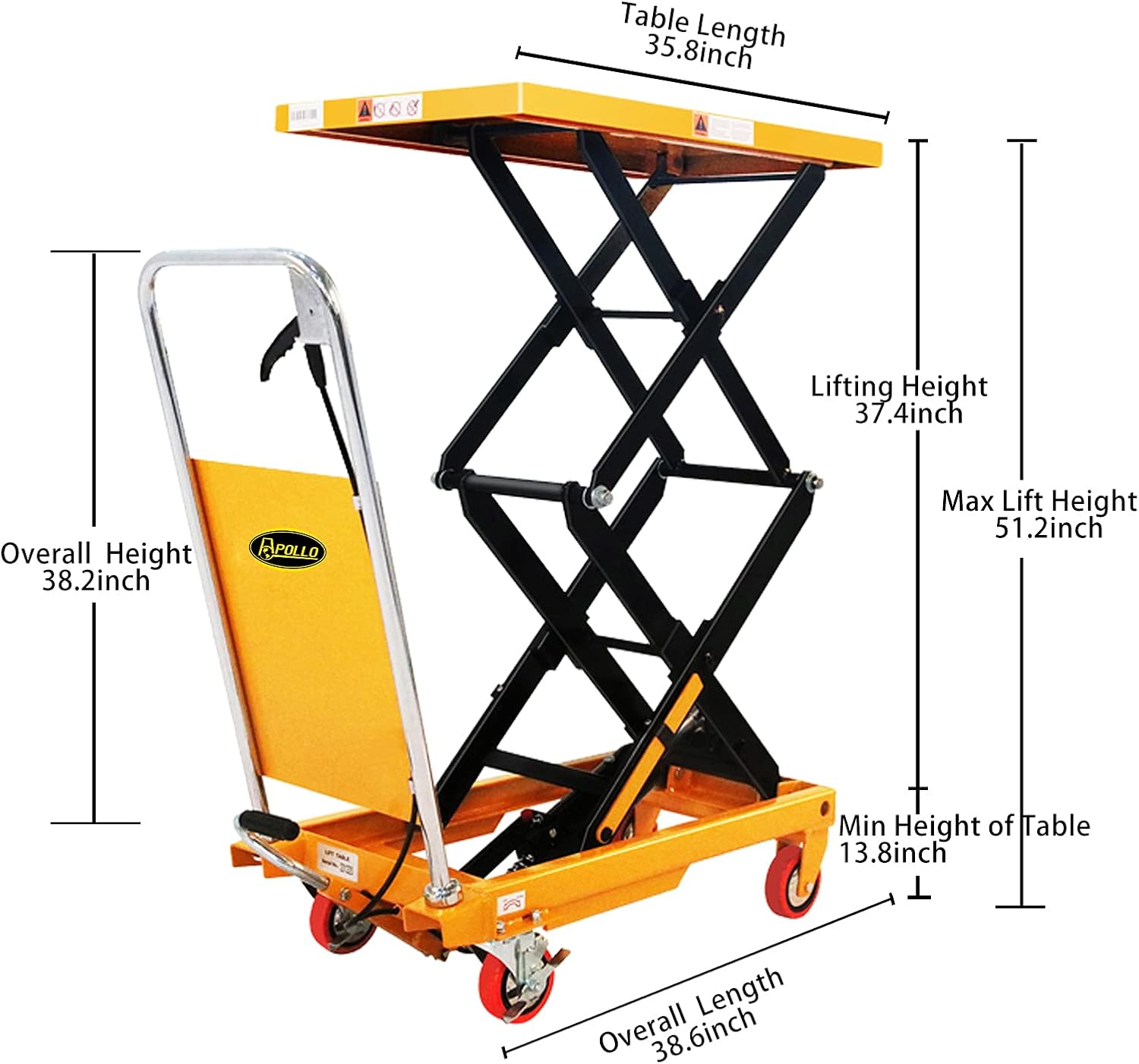 APOLLOLIFT Double Scissor Hydraulic Lift Table/Cart 770lbs Capacity 51.2" Lifting Height