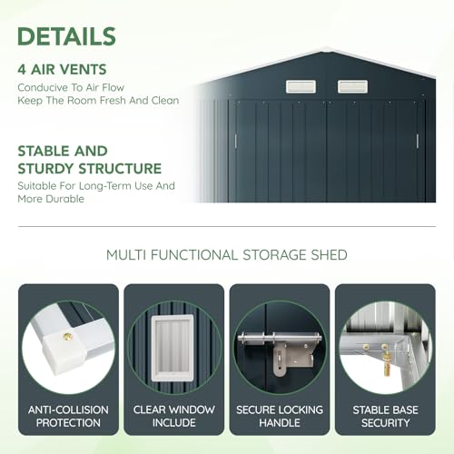 10X12X7.5 FT Outdoor Steel Storage Shed with Lockable Doors, 2 Windows, Transparent Roof Panels (Wood Panels & Frame Floor Not Included), Ideal for Patio Storage,Garbage Can, Chicken Coop，Brown