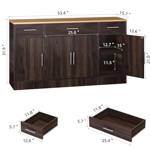 Shintenchi Buffet Cabinet with Storage,53.4" Large Kitchen Storage Cabinet with 3 Drawers and 4 Doors,Wood Farmhouse Buffet Cabinet with Adjustable Shelf for Kitchen Living Room,Brown