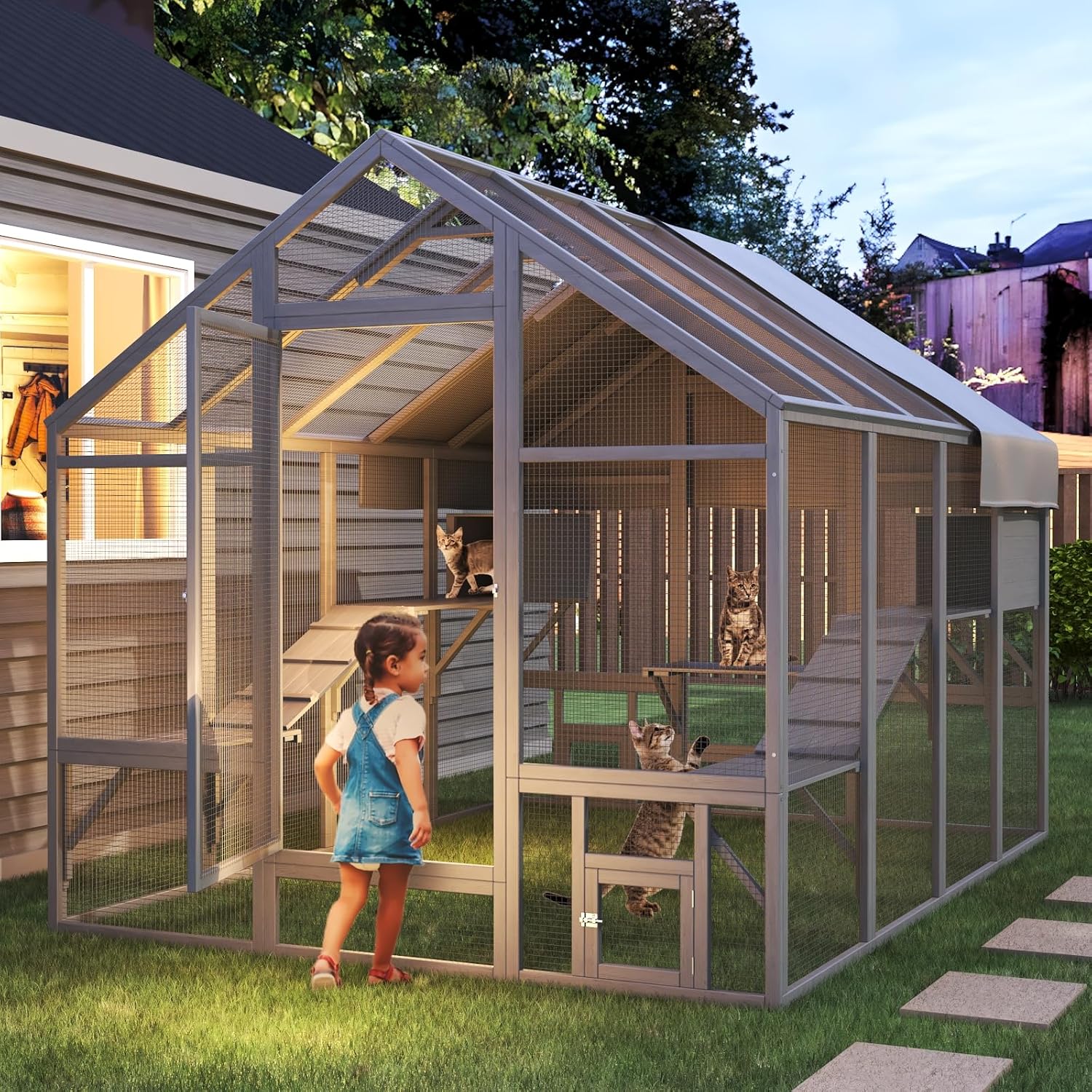 Large Cat Catio, Catio Outdoor Cat Enclosure for Multiple Cats with 7 Platforms, 2 Resting Box and 2 Bridges, Wooden Feral Cat Shelter with Waterproof and UV Proof Canopy, 71 x 71 x 97 inch