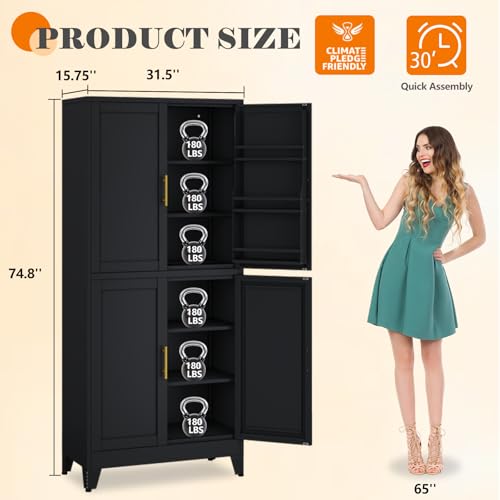 75.2" Tall Metal Pantry Cabinet, Storage Cabinets with 4 Door and 4 Adjustable Shelves, Black Kitchen Pantry Storage Cabinet, Freestanding Cupboard for Kitchen Dining Room Living Room Bathroom