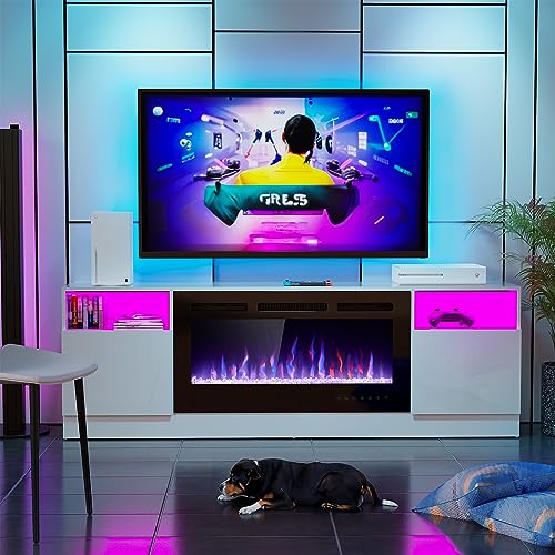70" Fireplace TV Stand for TVs Up to 80" with 36" Electric Fireplace, TV Console for The Living Room, LED Light Entertainment Center, Storage Cabinet, Media Console Table, Black