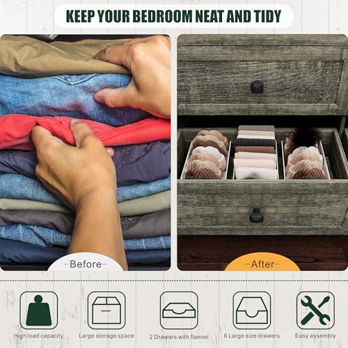 Farmhouse 8 Drawers Dresser for Bedroom, Tall Wood Chest of Drawers with LED Light/Charging Station/Human Sensor, Clothes Dressers for Closet, Living Room, Hallway, Rustic Brown