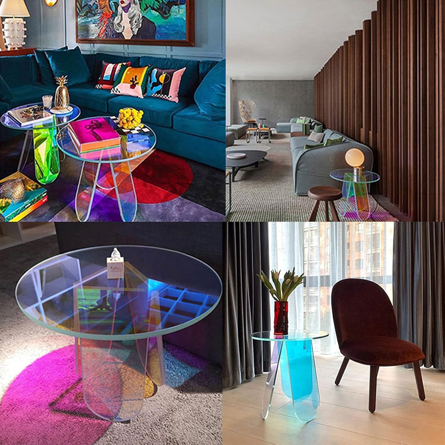 Acrylic Side Table Colorful Glass Round End Table, Beautiful Small Narrow Bedside Couch Sofa Side Tables for Drink Snack Magazine Living Room Bedroom, Clear Suncatcher Night Stands, 18 inch