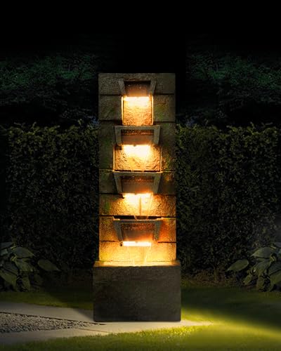 41.1" Water Fountain Outdoor Floor-Standing Garden Fountain Modern Waterfall Fountain with LED Lights 4 Tier Rock Fountain for Porch, Patio, Garden, Backyard