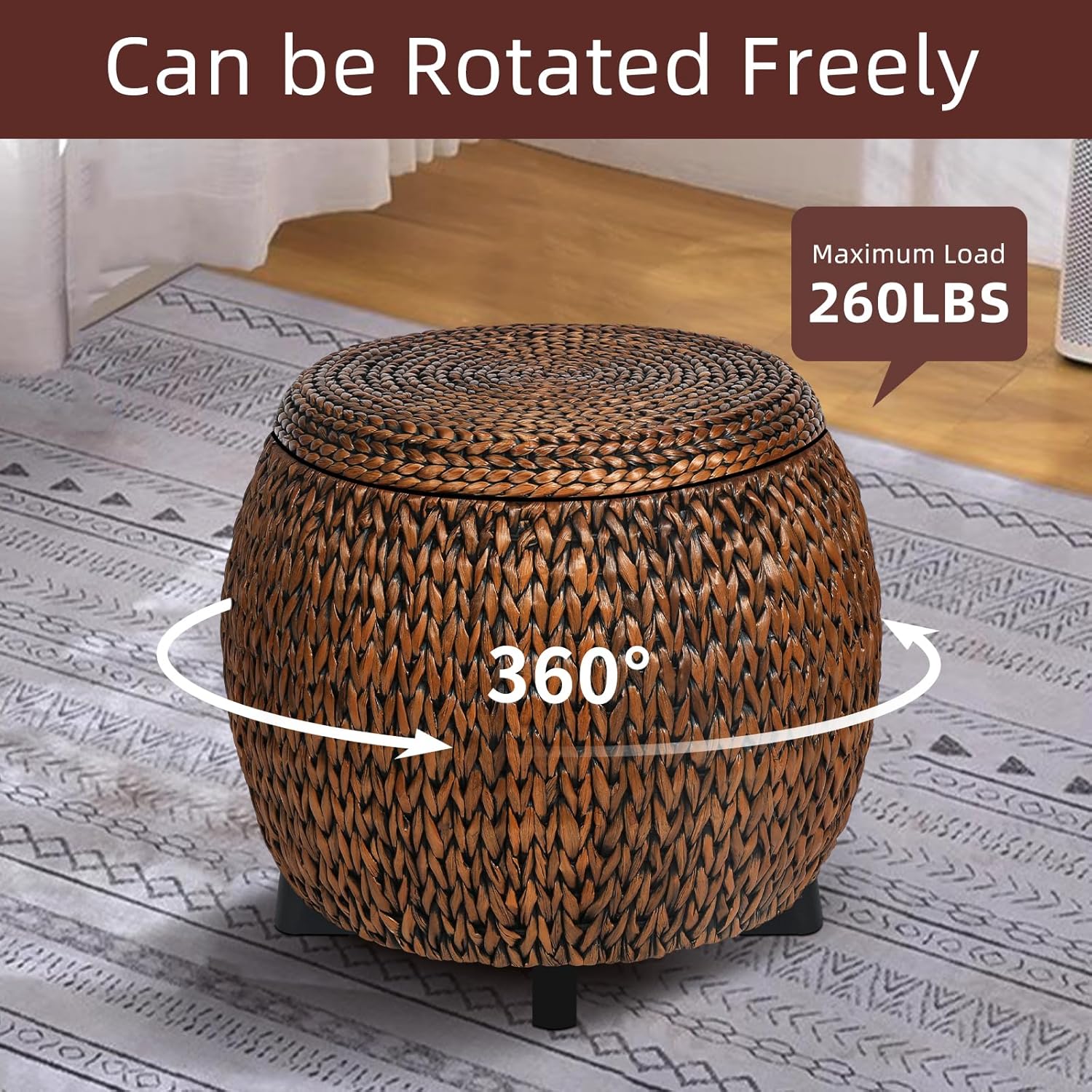 Round Sides Storage Ottoman Coffee Table,Ratten Swiveling Ottoman Bench, Bed Storage Trunk, Storage Basket,Side Table with Banana Leaf for Living Room,Hand Woven,Golden