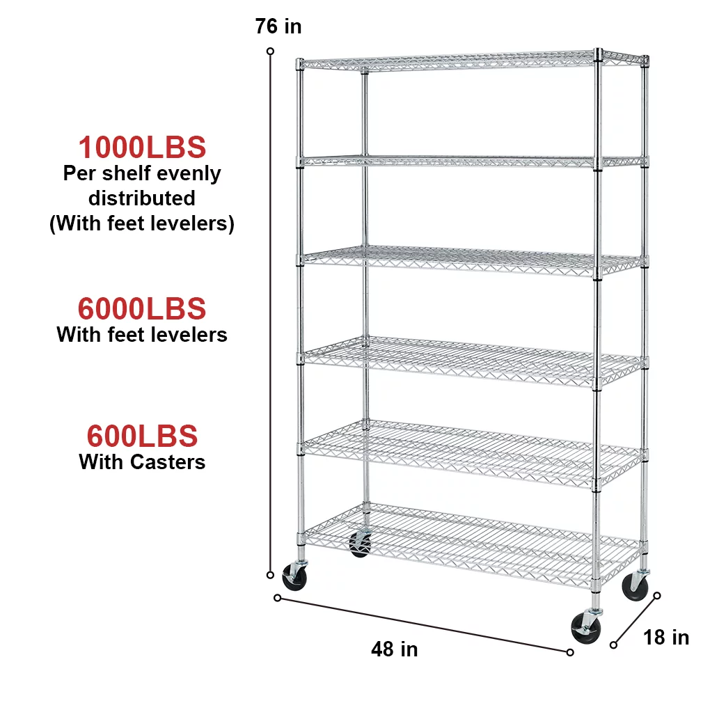 NSF Wire Shelving Unit Heavy Duty Garage Storage Shelves Large Black Metal Shelf Organizer 6-Tier Height Adjustable Commercial Grade Storage Rack 6000 LBS Capacity on 4" casters,18" D x 48" W x 76" H