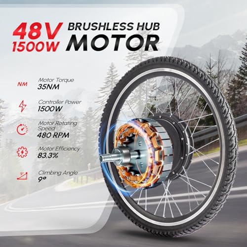 PEXMOR Electric Bike Conversion Kit, 48V 1000W /1500W 26" Front/Rear Wheel E-Bike Hub Motor Kit, Upgrade 3 Mode Controller w/PAS/LCD Display/Twist Throttle Ebike Bicycle Wheel Kit