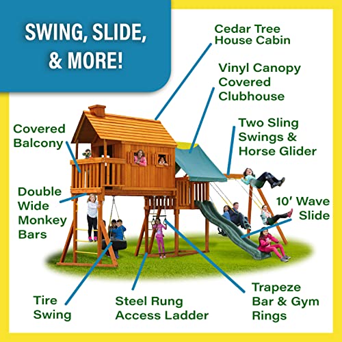 Fantasy Tree House Solid Cedar Wood Swing Set | Jungle Gym with Built-in Tree House, Clubhouse, Wave Slide, Spiral Slide and Accessories | Easy Assembly, Pre-Assembled Components | Kids Playhouse #2
