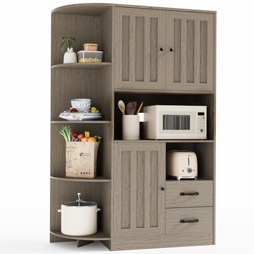 Gizoon 60.4" Farmhouse Kitchen Pantry Storage Cabinet with Doors and Adjustable Shelves, Large Kitchen Hutch with Drawers, Freestanding Cupboard for Dining Room, Living Room, Retro