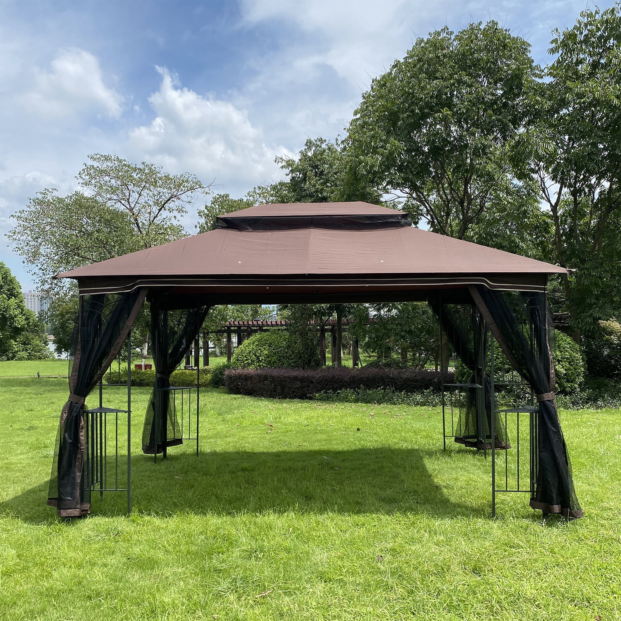 13x10 Outdoor Patio Gazebo Canopy Tent With Ventilated Double Roof And Mosquito net(Detachable Mesh Screen On All Sides),Suitable for Lawn, Garden, Backyard and Deck,Brown Top