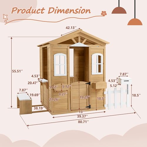 Outdoor Playhouse, Wooden Playhouse for Kids, Backyard Playhouse with Window, Mailbox, Picnic Bench, Fenced, Flowerpot Holders, Gift for Age 2+, 39" x 38" x 55.5"