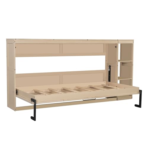 Full Size Horizontal Murphy Bed with Shelves, Full Murphy Bed with Side Bookcase, can be Folded into a Cabinet, Hideaway Wall Bed Space-Saving for Guest Room Bedroom Office, Natural