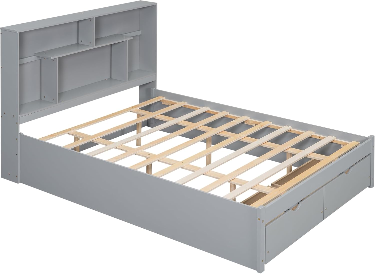 Queen Size Bed Frame, Wooden Platform Bedframe with Bookcase Headboard and 2 Storage Drawers, No Box Spring Needed, Gray