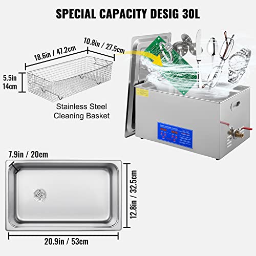 VEVOR 30L Industrial Ultrasonic Cleaner with Digital Timer&Heater 40kHz Professional Large Ultrasonic Cleaner Total 1100W for Wrench Tools Industrial Parts Mental Instrument Apparatus Cleaning