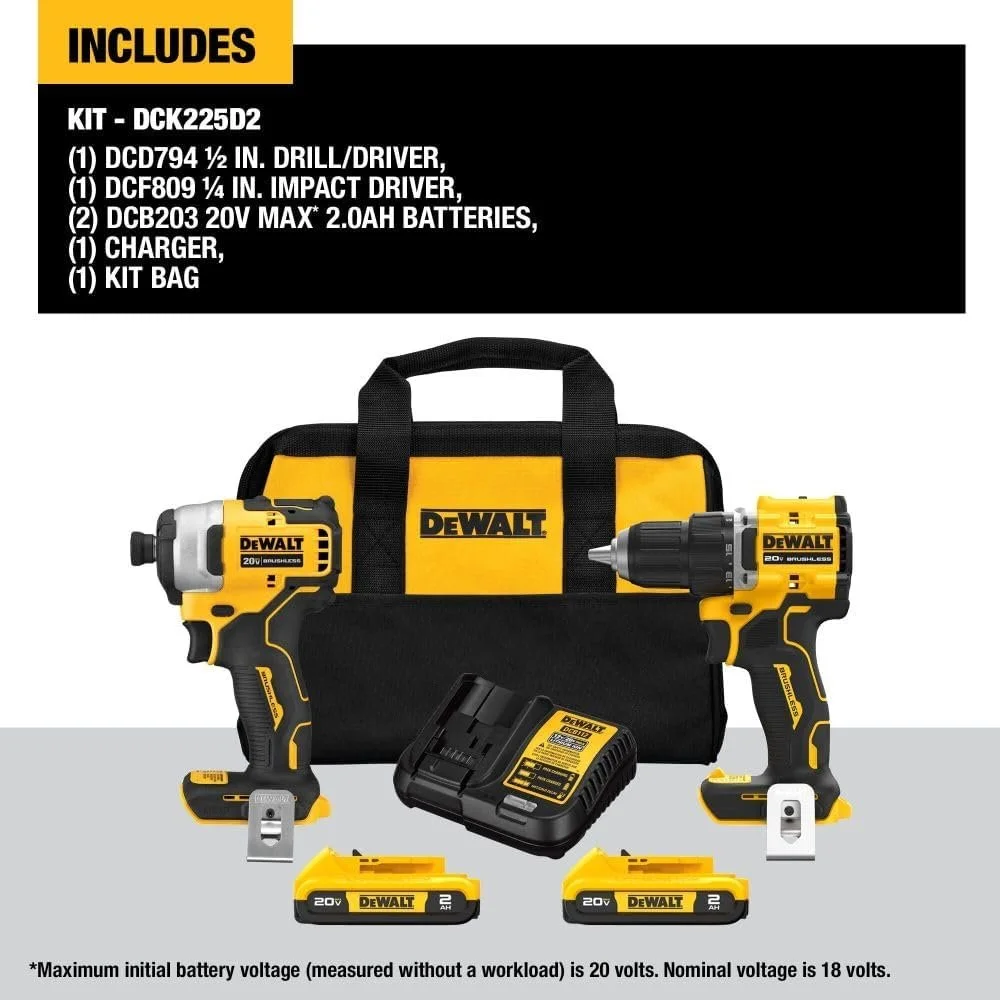 Dewalt DCK225D2 20V MAX ATOMIC Brushless Compact Lithium-Ion 1/2 in. Cordless Drill Driver and 1/4 in. Impact Driver Combo Kit with 2 Batteries 2 Ah