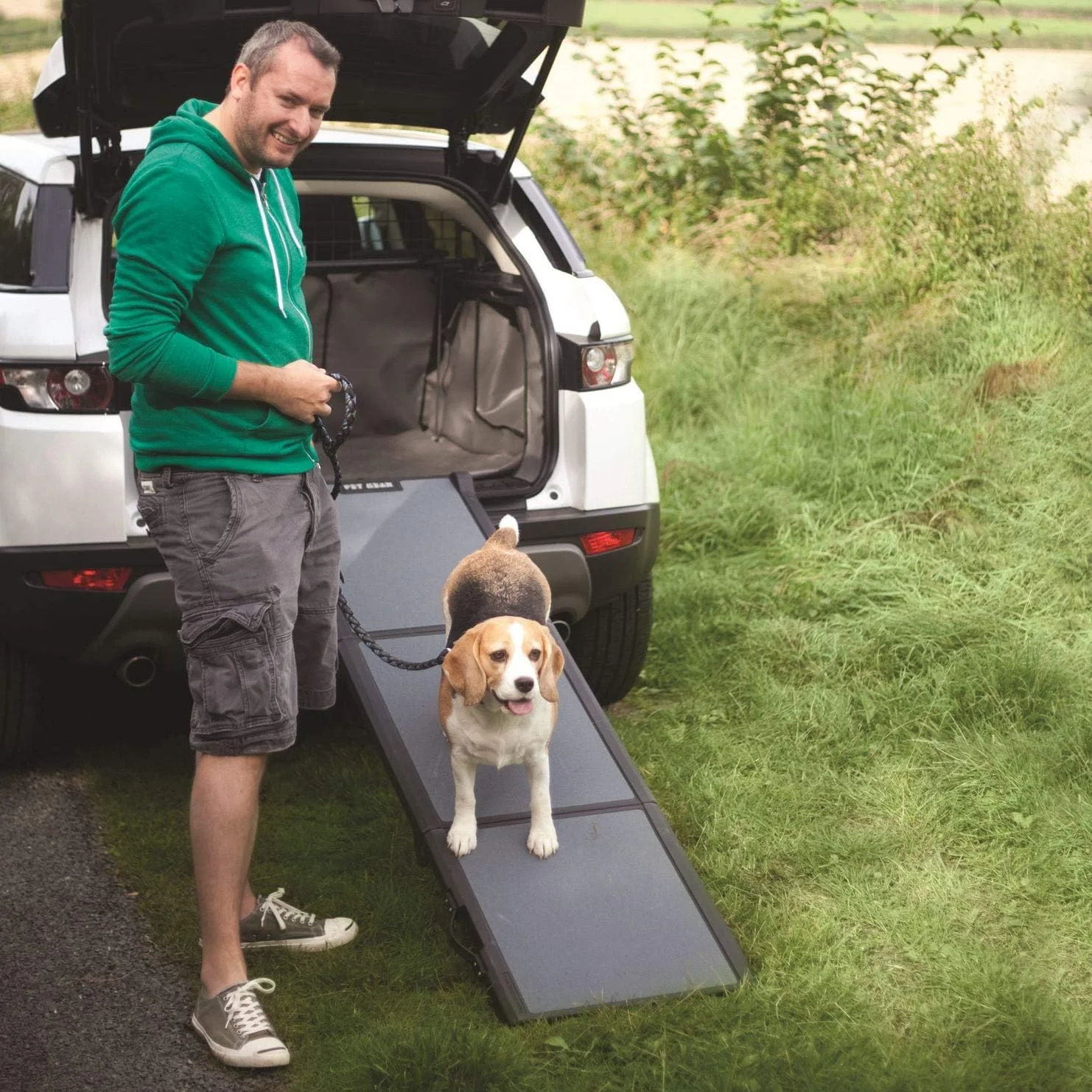 Ramp 71 Inch Long Extra Wide Portable Pet Ramp For Dogs/Cats Up To 200Lbs, Patented Compact/Easy Fold With Safety Tether, Black/Gray, Not Carpeted, Extra Wide, Tri Fold, (PG9300DR)