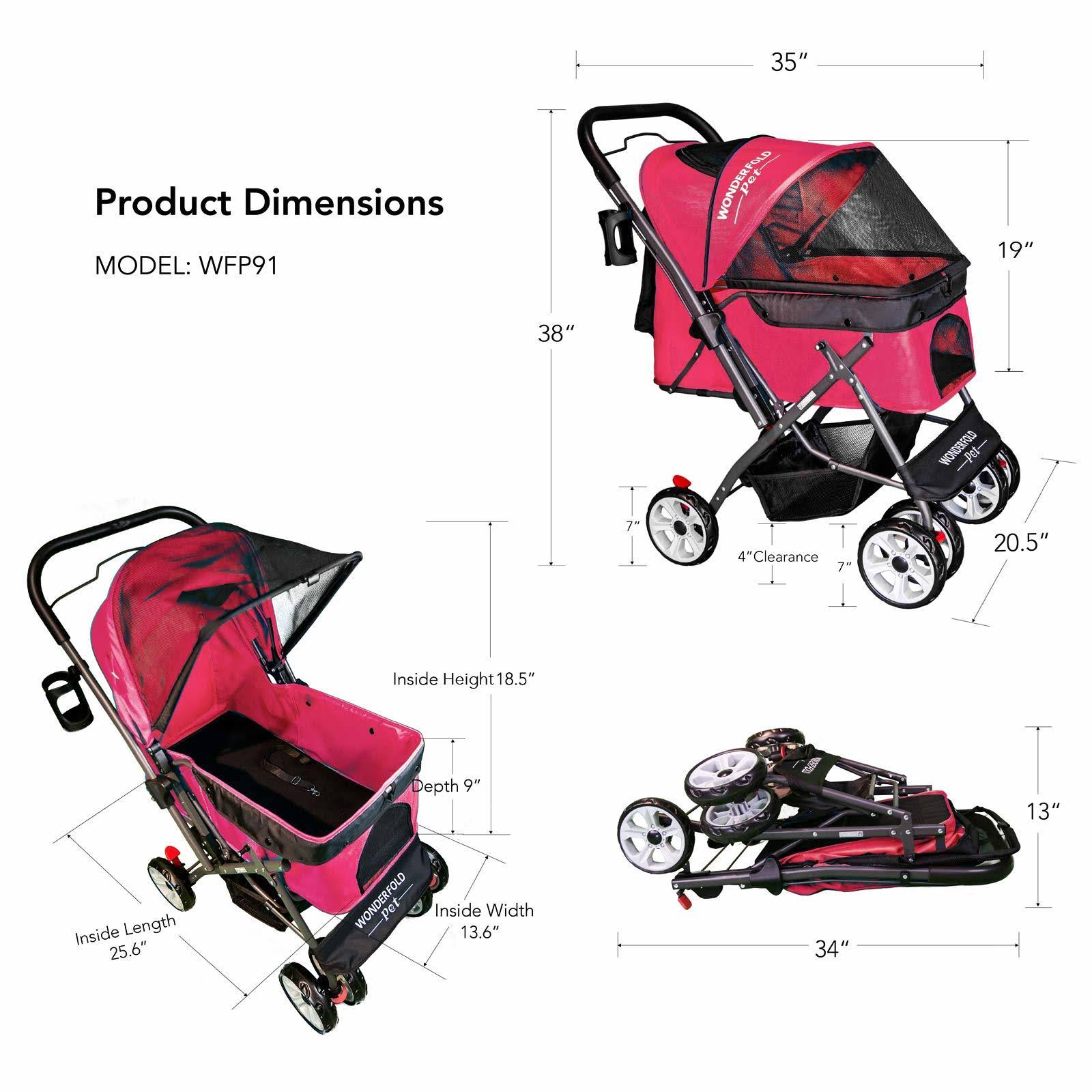 Wonderfold Pet 4 Wheels Folding Pet Stroller for Dogs/Cats with Reversible Handle Bar, Zipperless Entry, Easy One-Hand Fold with