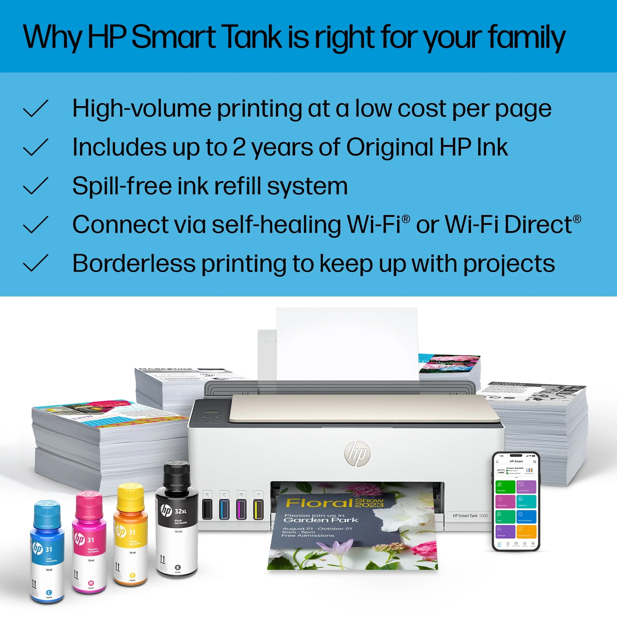 HP Smart Tank 5000 Wireless All-in-One Supertank Color Home Inkjet Printer with up to 2 Years of Ink