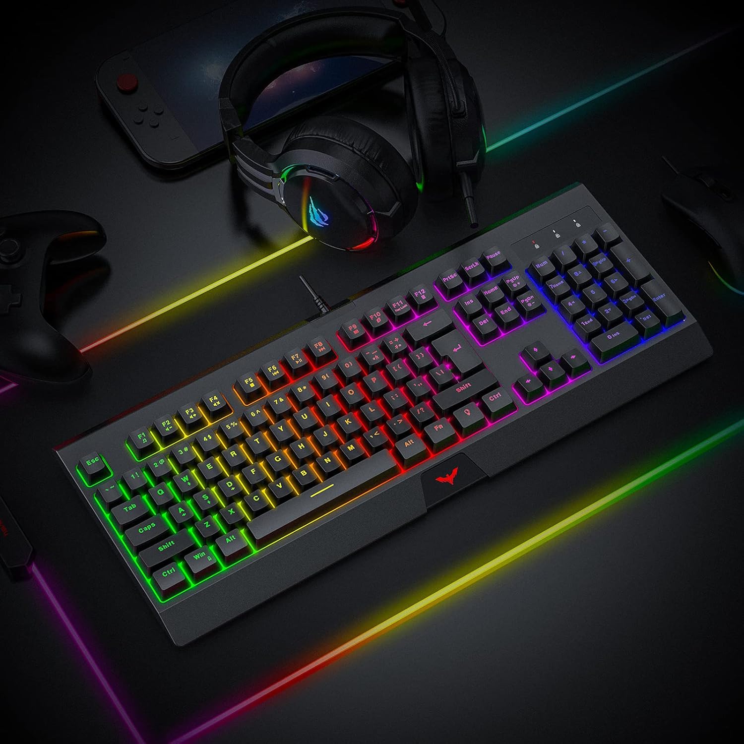 Havit Rainbow Backlit Wired Gaming Keyboard 104 Keys Gaming Keyboards LED USB Ergonomic Keyboard for PC Windows Gamers