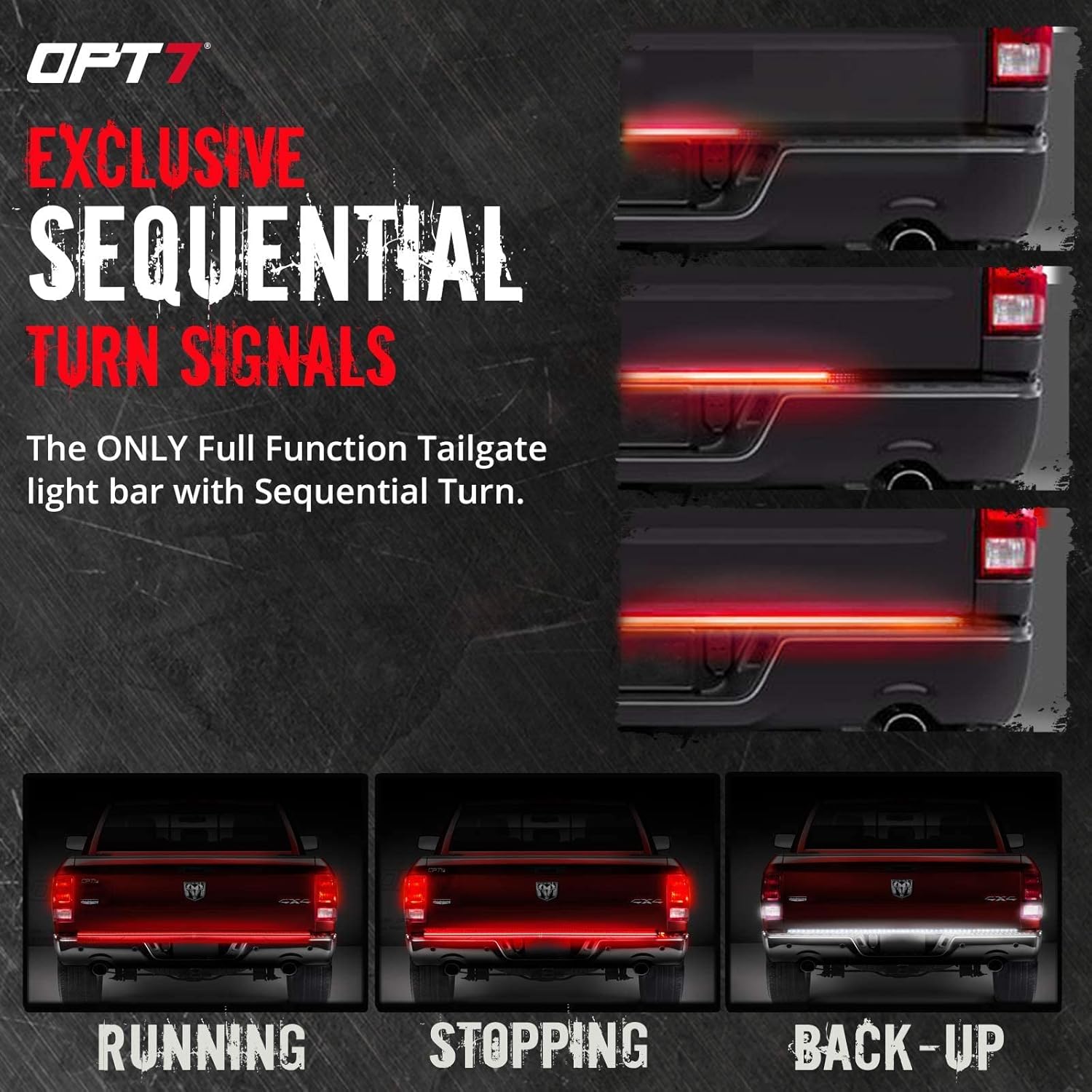 OPT7 60" Redline Triple LED Tailgate Light Bar w/Sequential RED Turn Signal - 1,200 LED Solid Beam - Weatherproof No Drill Install - Full Function Reverse Brake Running