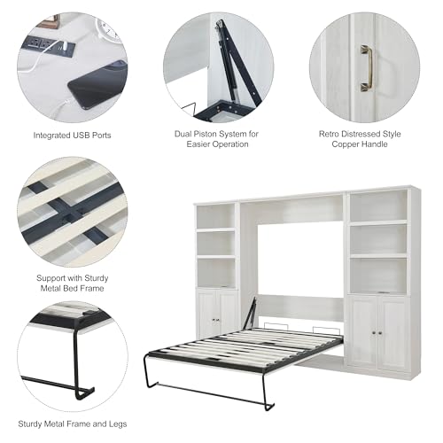 Full Size Murphy Bed with Storage Cabinet, Drawers and Shelves, Wood Vertical WallBed Foldable Platform Bedframe for Bedroom, Space Saving, White