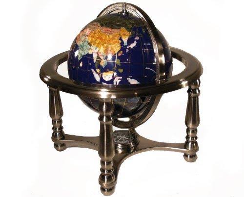 Unique Art 10-Inch Tall Table Top Blue Lapis Ocean Gemstone World Globe with 4 Leg Silver Stand