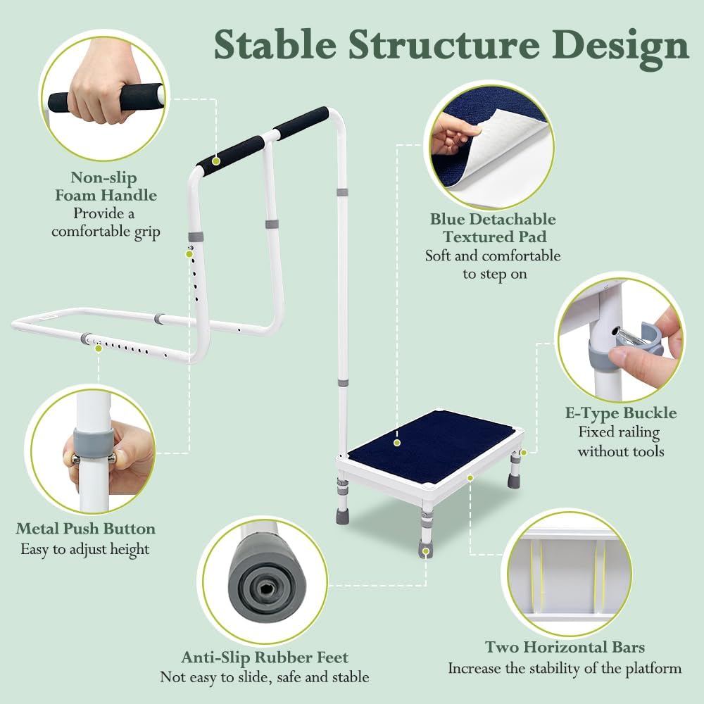Bed Steps for High Beds for Adults Step Stool with Handle for Elderly 2-in-1 Bedside Guard Rails Bed Cane for Seniors Medical Safety Railing Stop Falling Out of Bed Assistance (21.6" Stool)