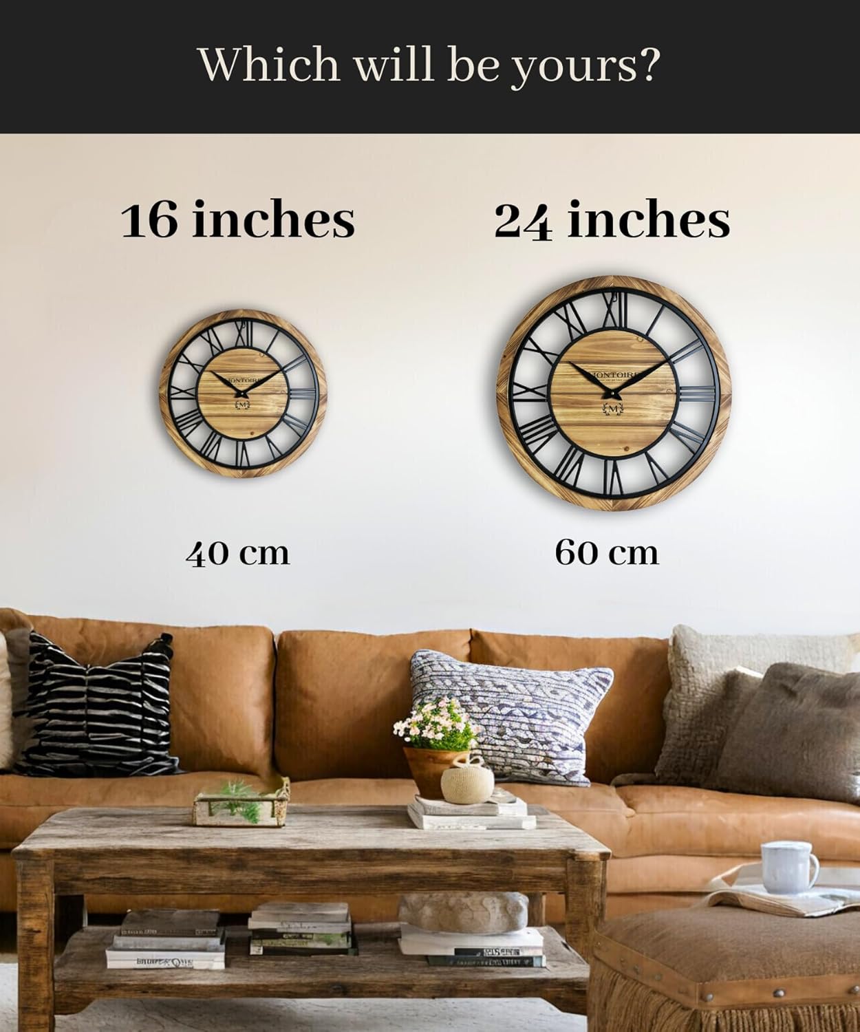 24 Inch Farmhouse Wall Clock Large - Giant Extra Large Wall Clock for Living Room Decor - Large Wall Clock 24 Inches or Larger, Big Round Wall Clock with Decorative Roman Numerals, Battery Operated
