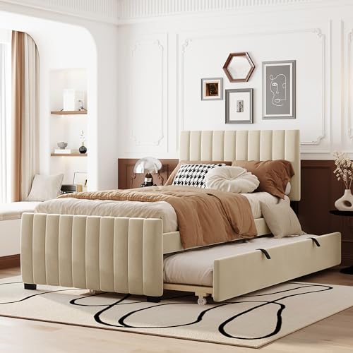 Harper & Bright Designs Platform Bed, Merax Twin Size Velvet Upholstered Bed Frame with Twin Size Trundle for Bedroom, Wood Slat Support, No Box Spring Needed, Easy Assembly, Beige