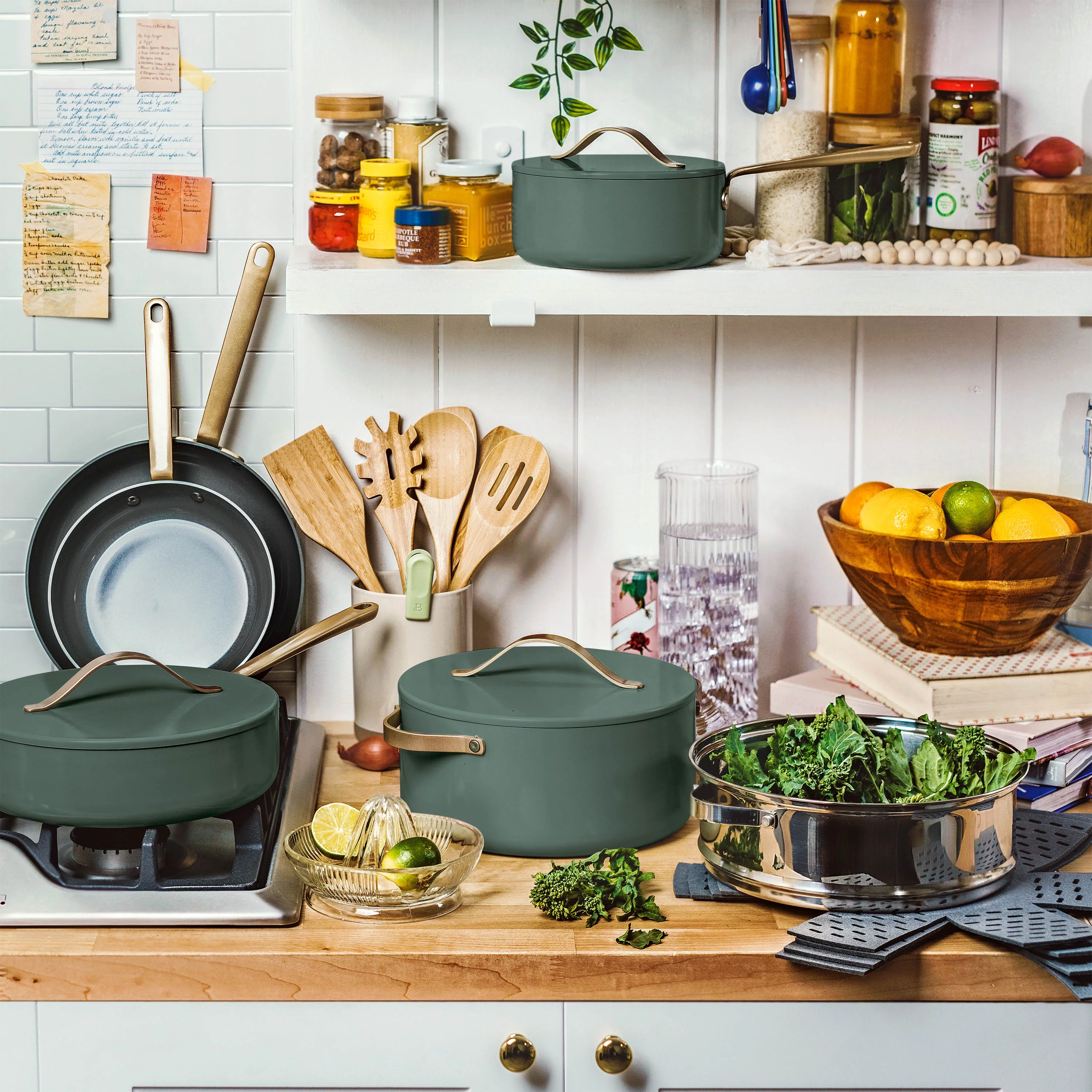 Beautiful 20pc Ceramic Non-Stick Cookware Set, Thyme Green by Drew Barrymore