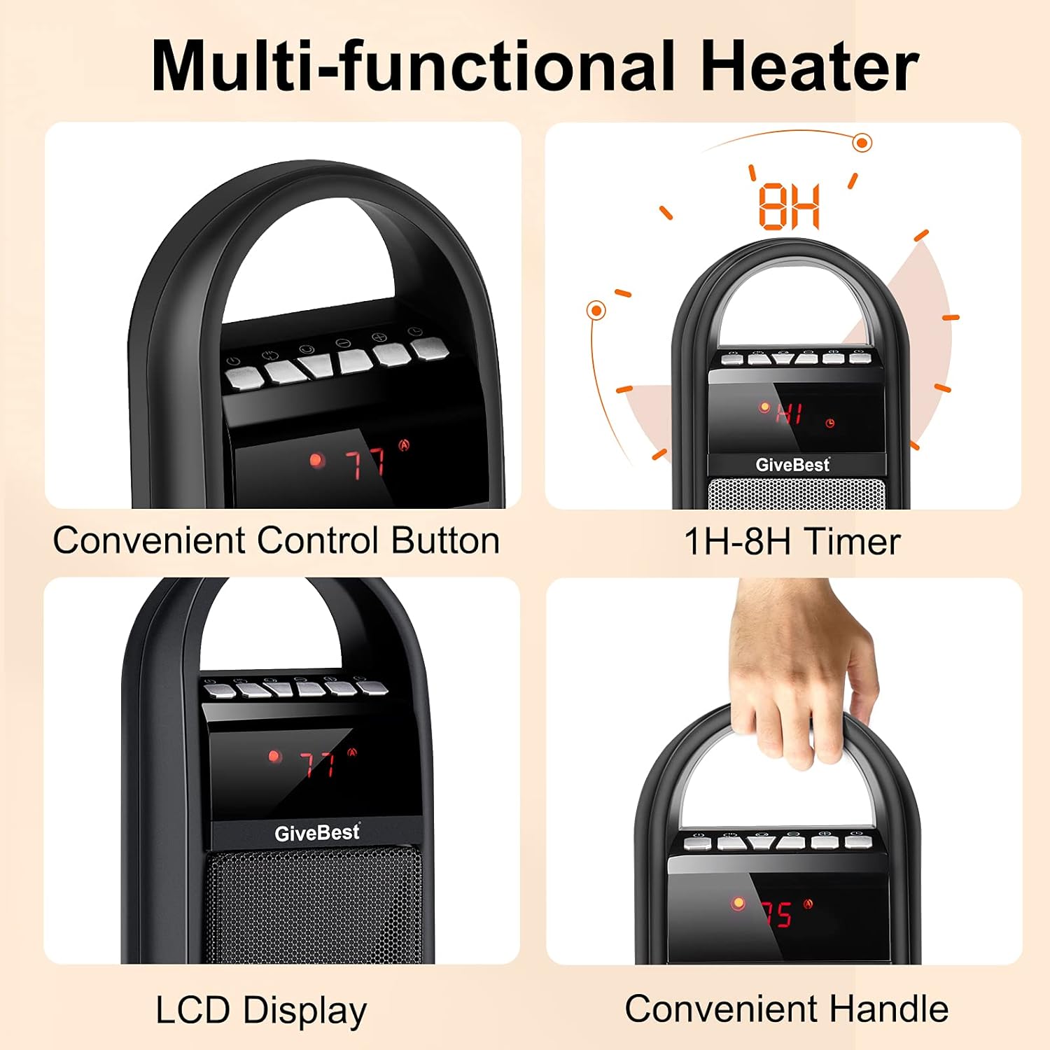 GiveBest Tower Space Heater, Portable Ceramic Heater 1500W/900W with Remote Control, Timer, Thermostat, Overheat & Tip-Over Protection, Rotating Electric Heater for Room Home Office Garage Indoor Use