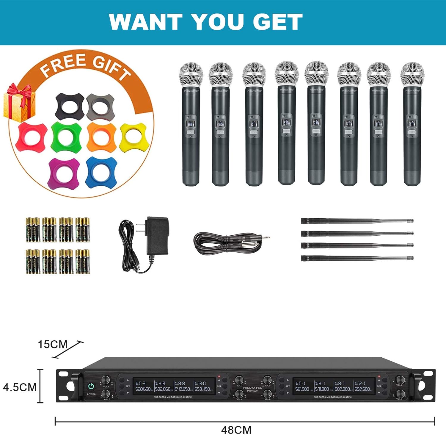 Wireless Microphone System, Phenyx Pro Eight-Channel Cordless Mic Set with Metal Handheld Mics, 8x40 Channels, Auto Scan, Long Distance 328ft, Ideal for DJ, Church, Outdoor Events (PTU-6000A)