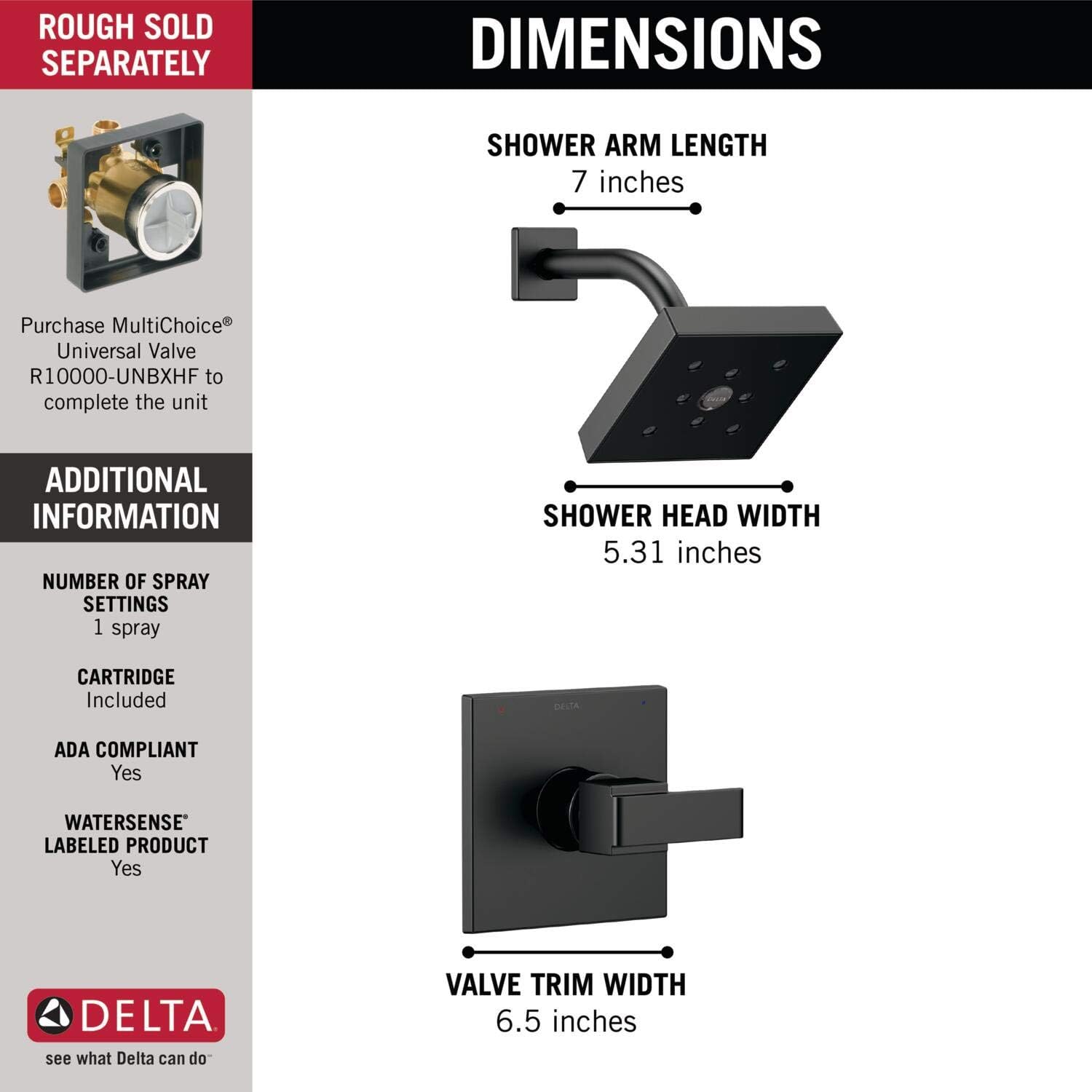 Delta Faucet Ara 14 Series Single-Function Shower Faucet Set, Single-Spray H2Okinetic Shower Head, Black Shower Faucet, Delta Shower Trim Kit, Matte Black T14267-BL (Valve Not Included)