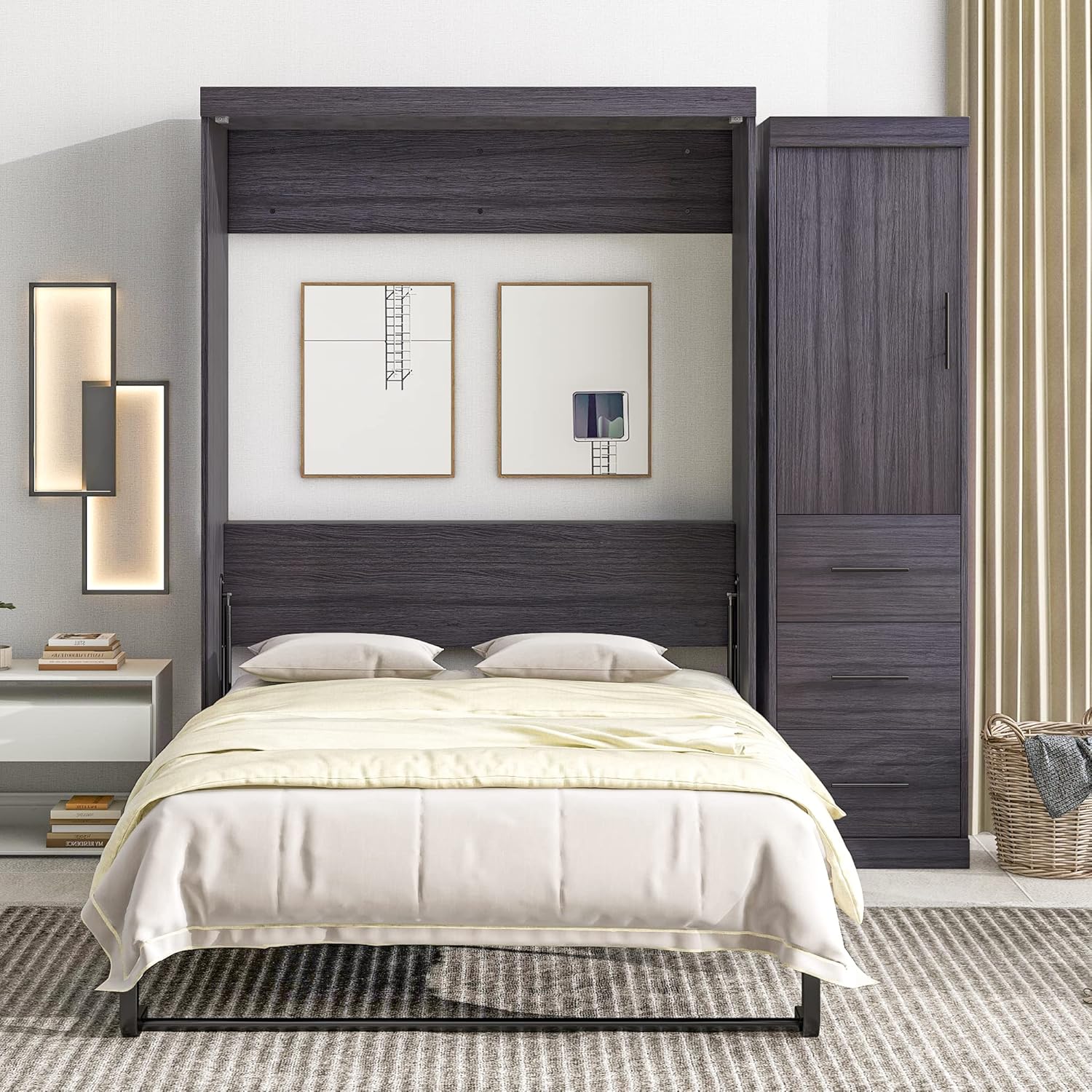 Full Size Murphy Bed Storage Cabinet, Wood Murphy Bed with Wardrobe and Drawers, can be Folded into a Cabinet, Suitable for Small Room Living Room/Bedroom