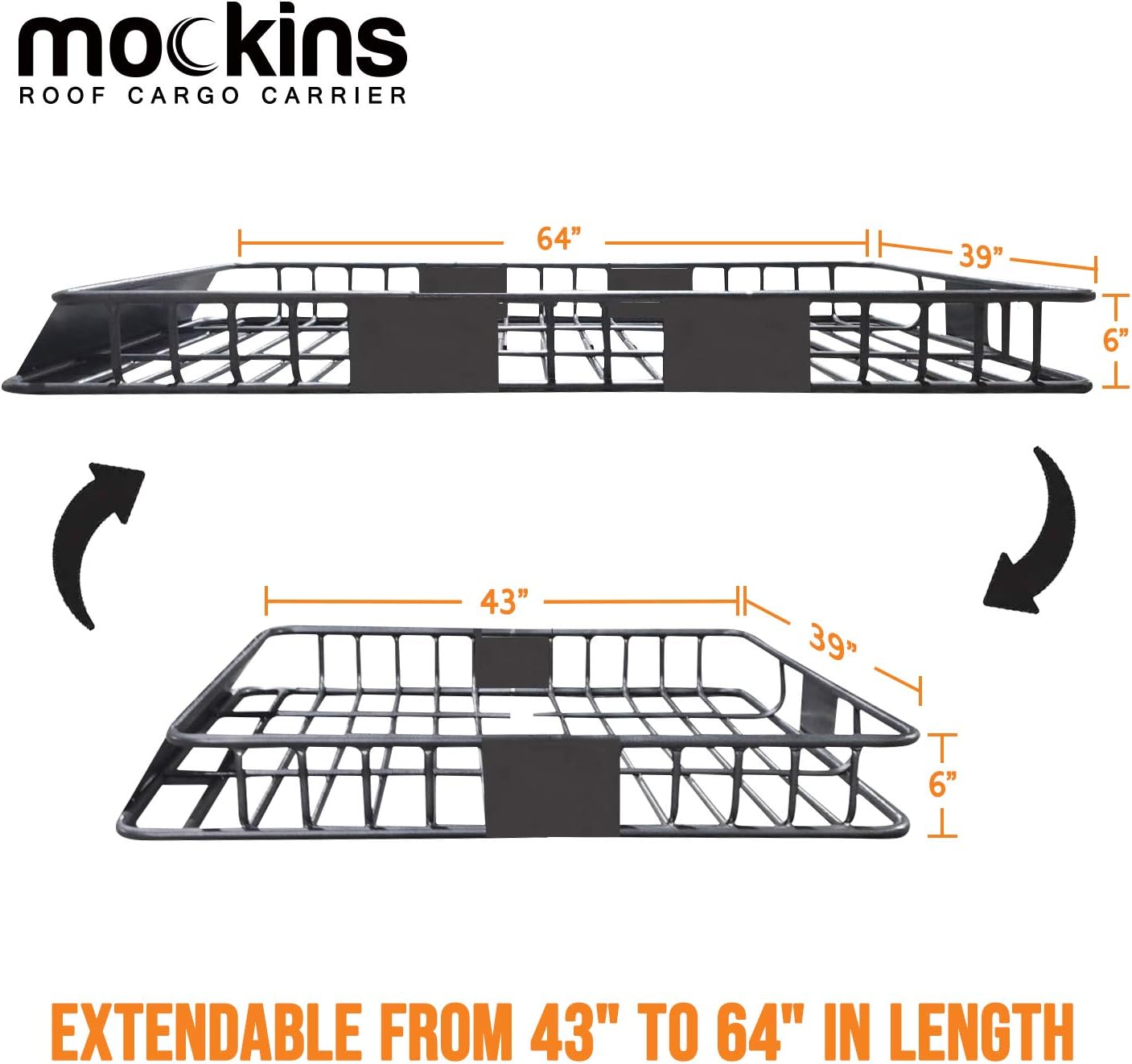 Mockins Roof Cargo Basket 64x39x6 Extendable Cargo Roof Rack Cargo Carrier |250lb Cap. Roof Basket Cargo Carrier | Car & SUV Roof Rack Cargo Basket | Cargo Rack Rooftop Cargo Carrier Roof Rack Basket