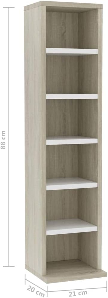 Keyur Media Cabinet, Media Storage Tower Cube Storage Shelf CD Cabinet White and Sonoma Oak 8.3"x9"x34.6" Chipboard Pack of 2