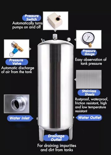 15 25 40 50 65 80 100 130 185 Gal Pressure Tank Stainless Steel/ Water Pressure Tanks for Water/ Well Pump, Vertical Water Storage Bladder Containers for Pressurized Water System - with Mounting Kit (