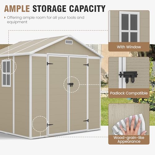 Outdoor Storage Shed, 6x6 FT Resin Shed with Floor and Lockable Door, Window, Vents, Tool Sheds and Outdoor Storage for Bike, Garden Accessories, Tools, Waterproof (Grey & White)