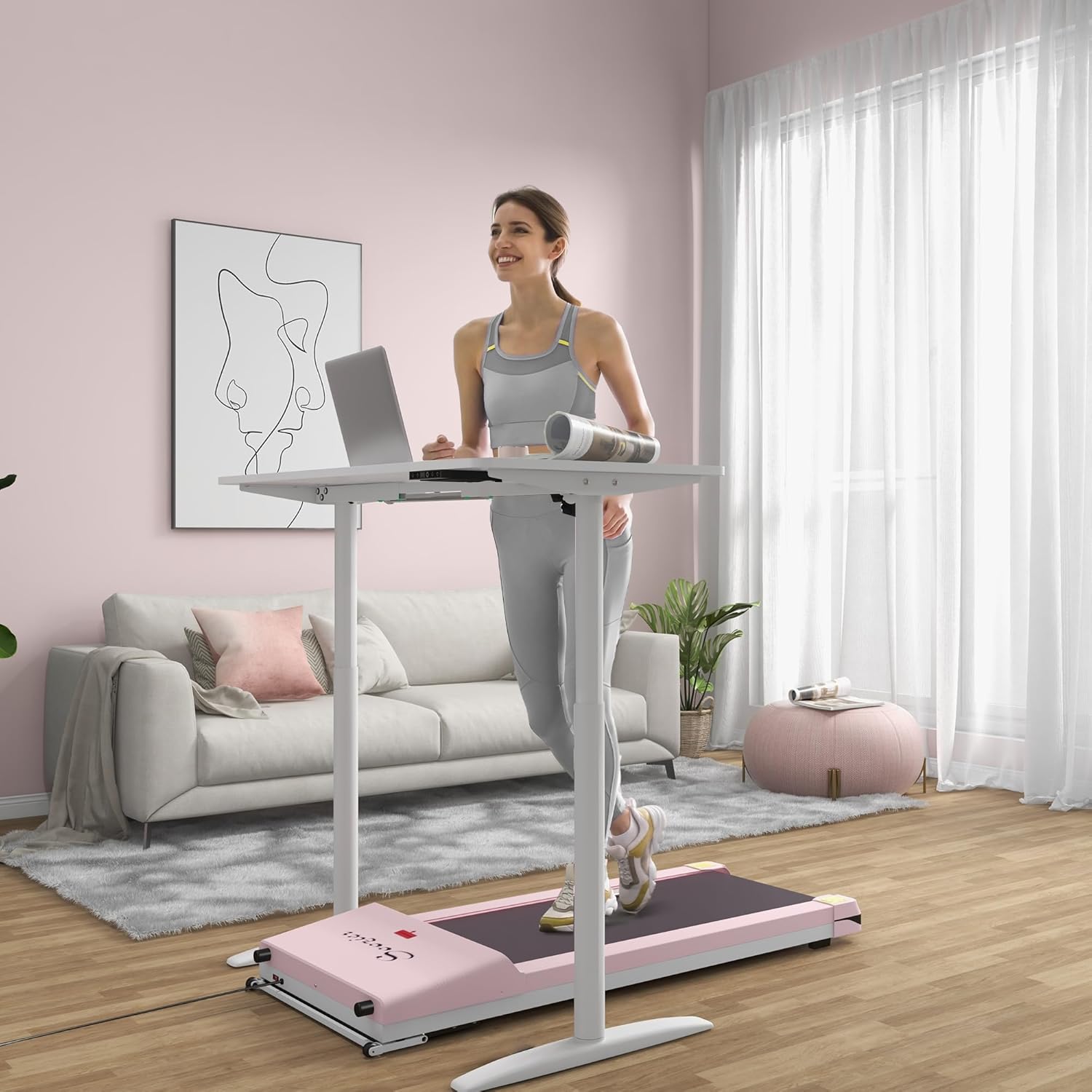 Soozier Under Desk Treadmill, Portable Walking Pad with Foldable Wheels, Remote Control, LED Display, 200 lbs Weight Capacity, Pink
