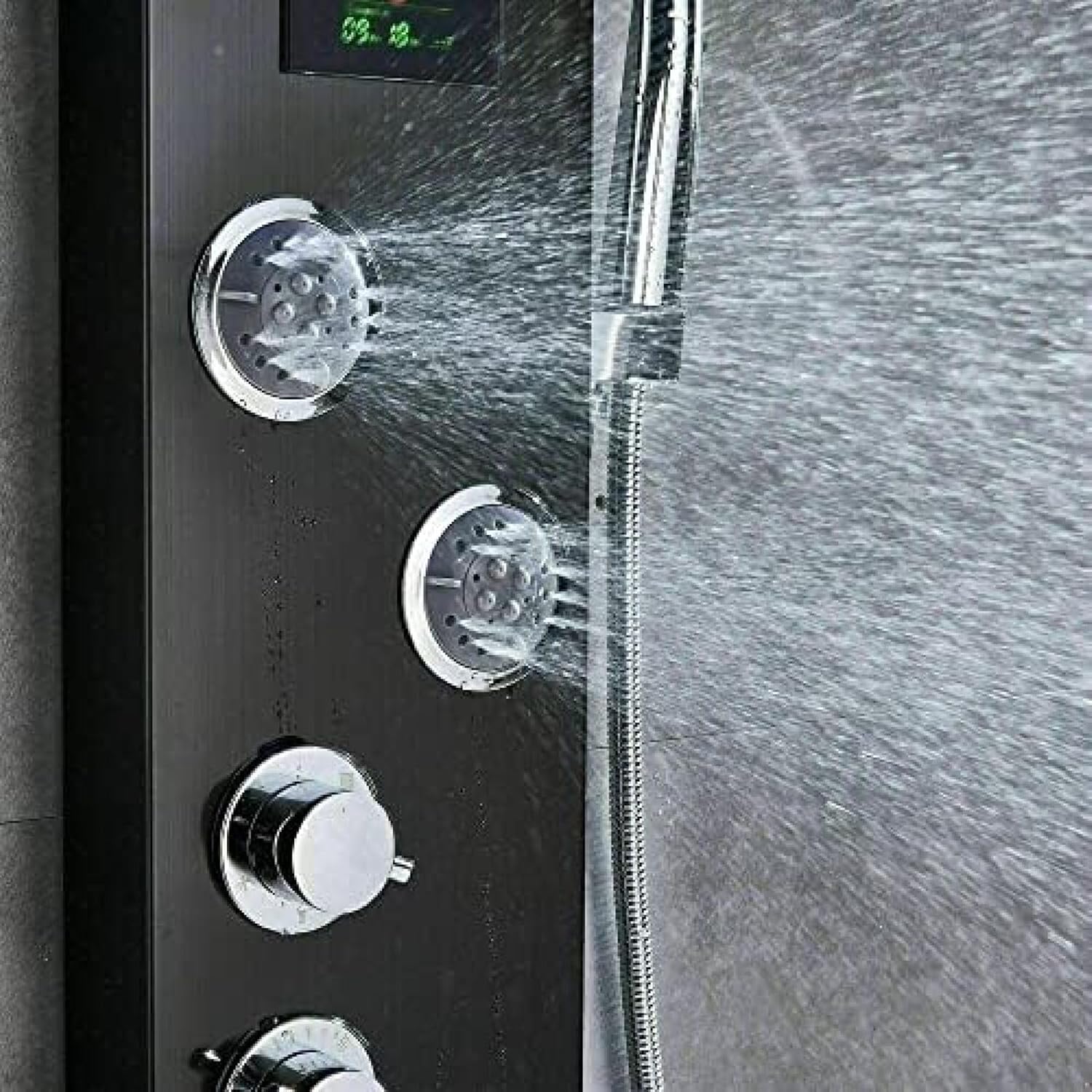 Shower System, Stainless Steel Shower Panel Tower Faucet LED Rainfall Massage System Nozzle Set-Black 9001