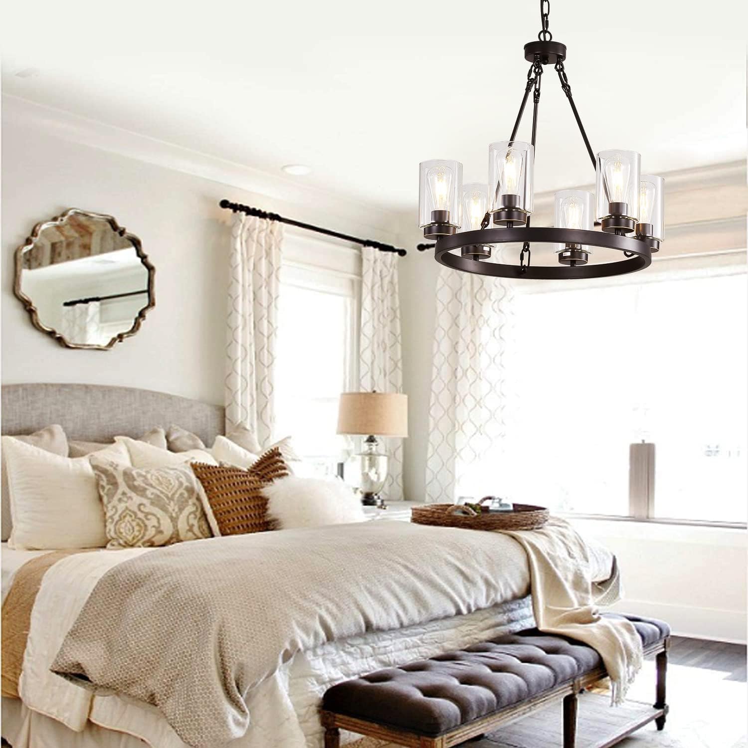 6-Light Large Industrial Rustic Farmhouse Wagon Wheel Chandelier Black Metal Large Round Dining Room Light Modern Rustic Light Fixture Iron Ring Chandelier Clear Glass Shade