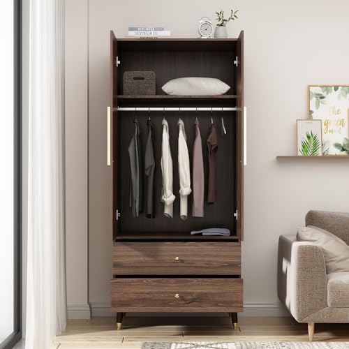 Homsee Wardrobe Armoire with 2 Doors, 2 Drawers, Hanging Rod & 2 Compartments, Wooden Closet Storage Cabinet with Gold Handles for Bedroom, Brown (31.5”L x 19.1”W x 71.1”H)