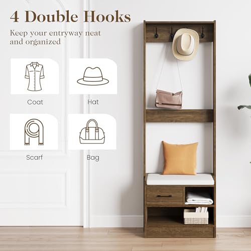 Hall Tree with Bench, Entryway Bench with Coat Rack, Shoe Storage, Soft Cushion, Wood Entryway Furniture, White