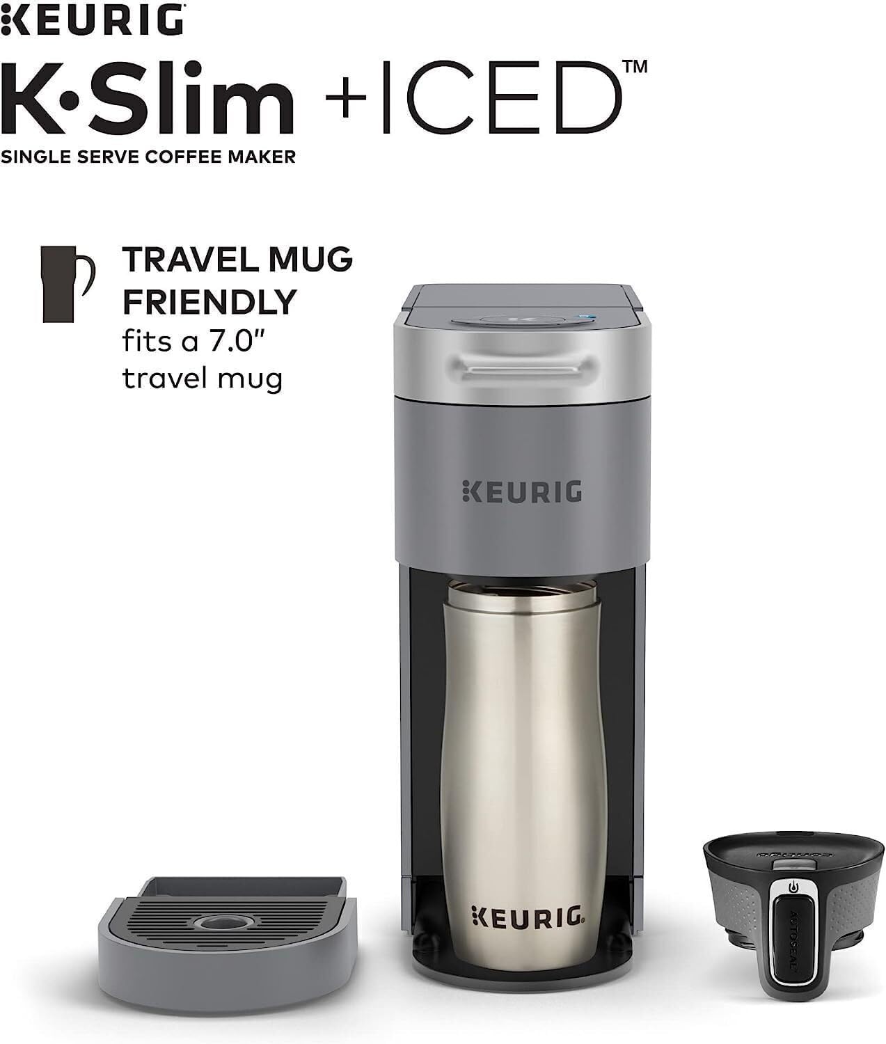 Keurig K-Slim Plus ICED Coffee Maker (Gray), Single Serve Iced Coffee Brewer for Home - Quick Brew System - Space-Saving Design - 3 Brew Sizes Bundle with Medium Roast Pods and Cleaning Cups (3 Items)