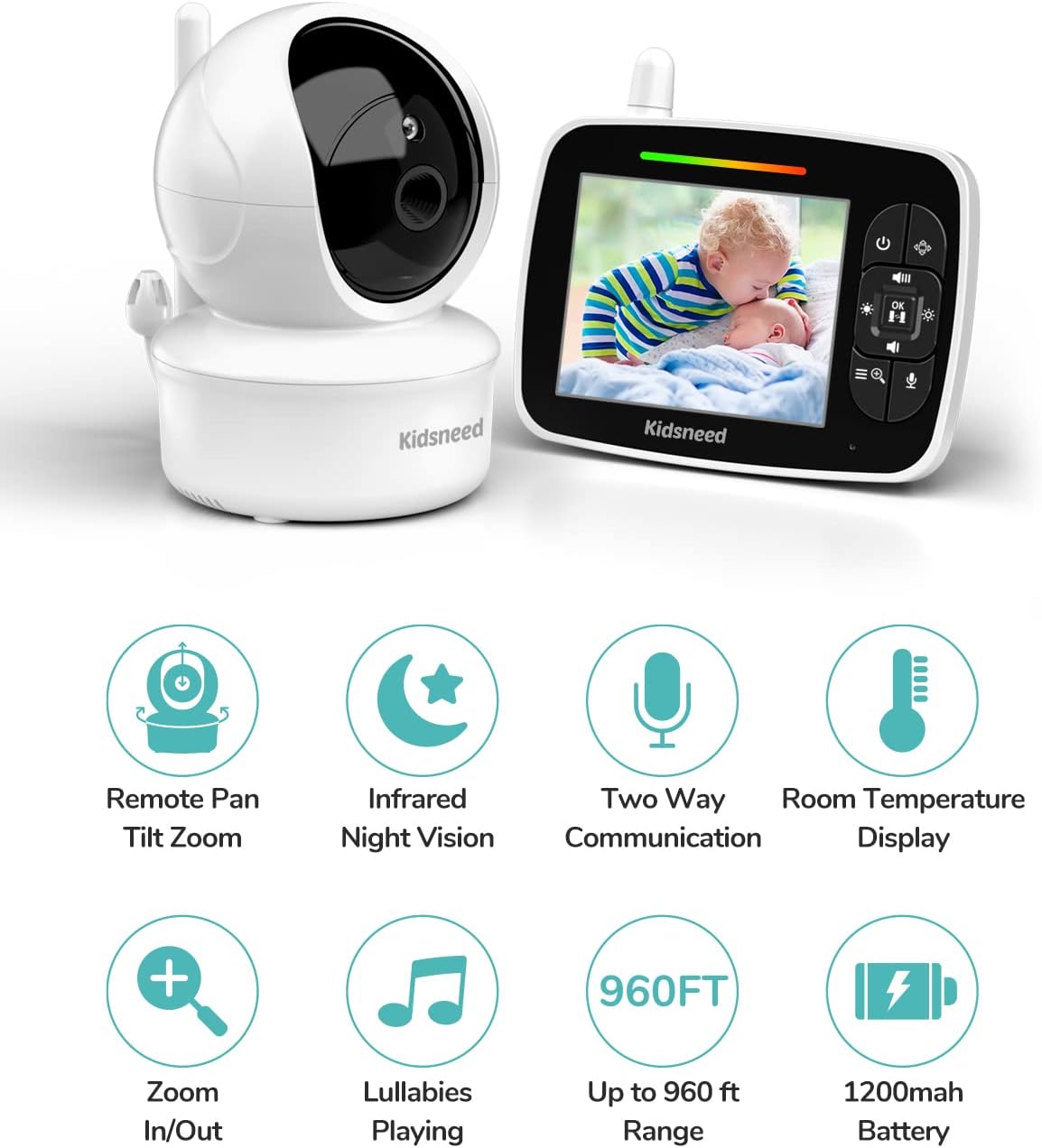 Baby Monitor, Kidsneed Video Baby Monitor with Remote Pan-Tilt-Zoom Camera and Audio, Large Screen Night Vision, Two Way Talk, Temperature Display, Lullabies, VOX Mode, 960ft Range
