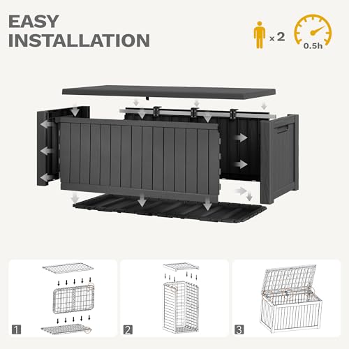 DWVO 120 Gallon Outdoor Storage Box, Large Lockable Resin Deck Box, Water Resistant Patio Storage Box for Tools, Cushions, Supplies - Black