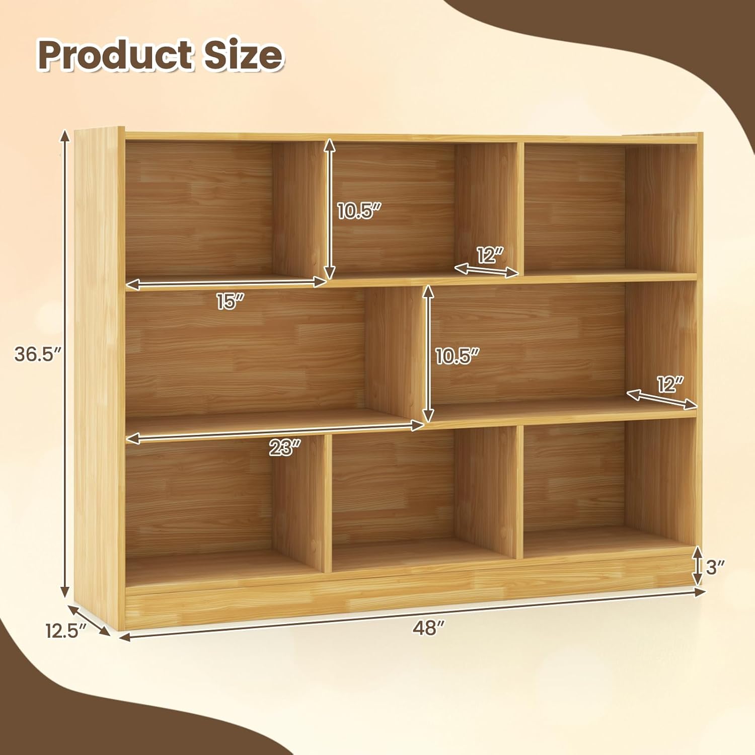 8 Cube Bookcase, 3-Tier Horizontal Bookshelf, Wooden Cube Storage Organizer for Home Office, Children's Rooms, Classroom, Under Winder Bookshelf (Yellow, 48” x 12.5” x 36.5”)
