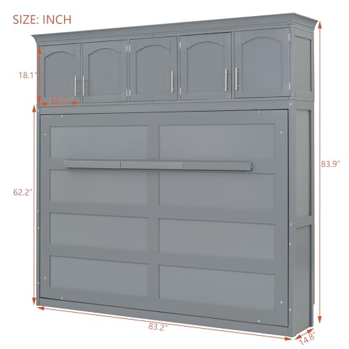 Full Size Murphy Bed with Top Cabinets and New Pneumatic Lift, Wall Chest Bed Space-Saving Design Cube Cabinet Wood Beds Frame Slat, Flexible Conversion Chest for Guest Room Home Office